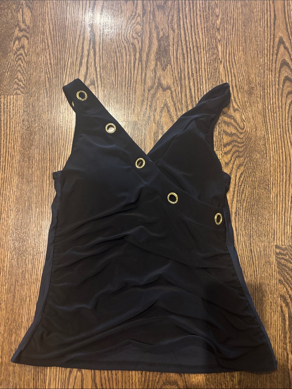Black V-Neck Swim Tankini Top with Gold Eyelet Detail